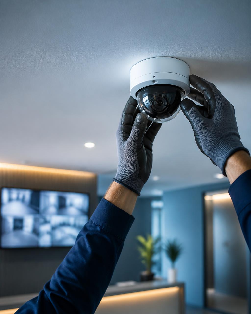 Técnico instalando câmera de segurança dome em recepção comercial